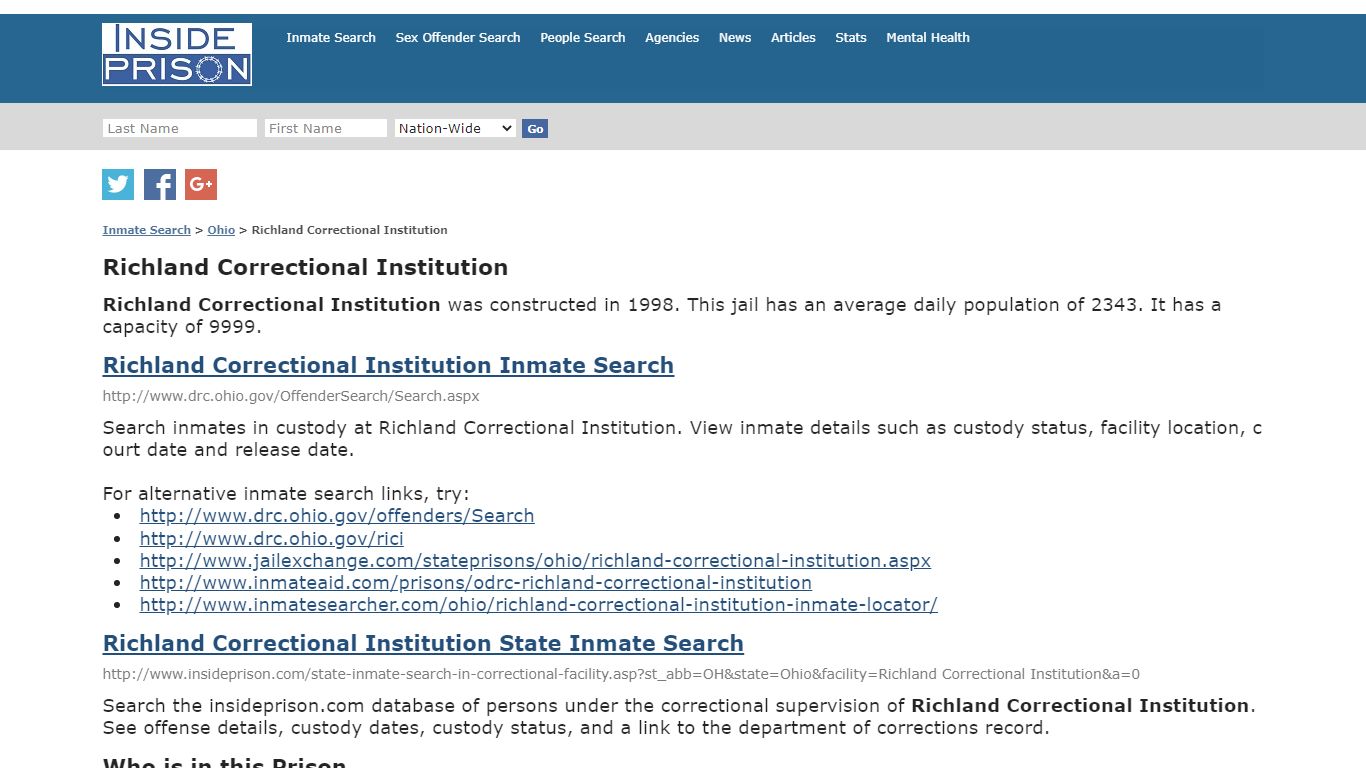 Richland Correctional Institution - Ohio - Inmate Search